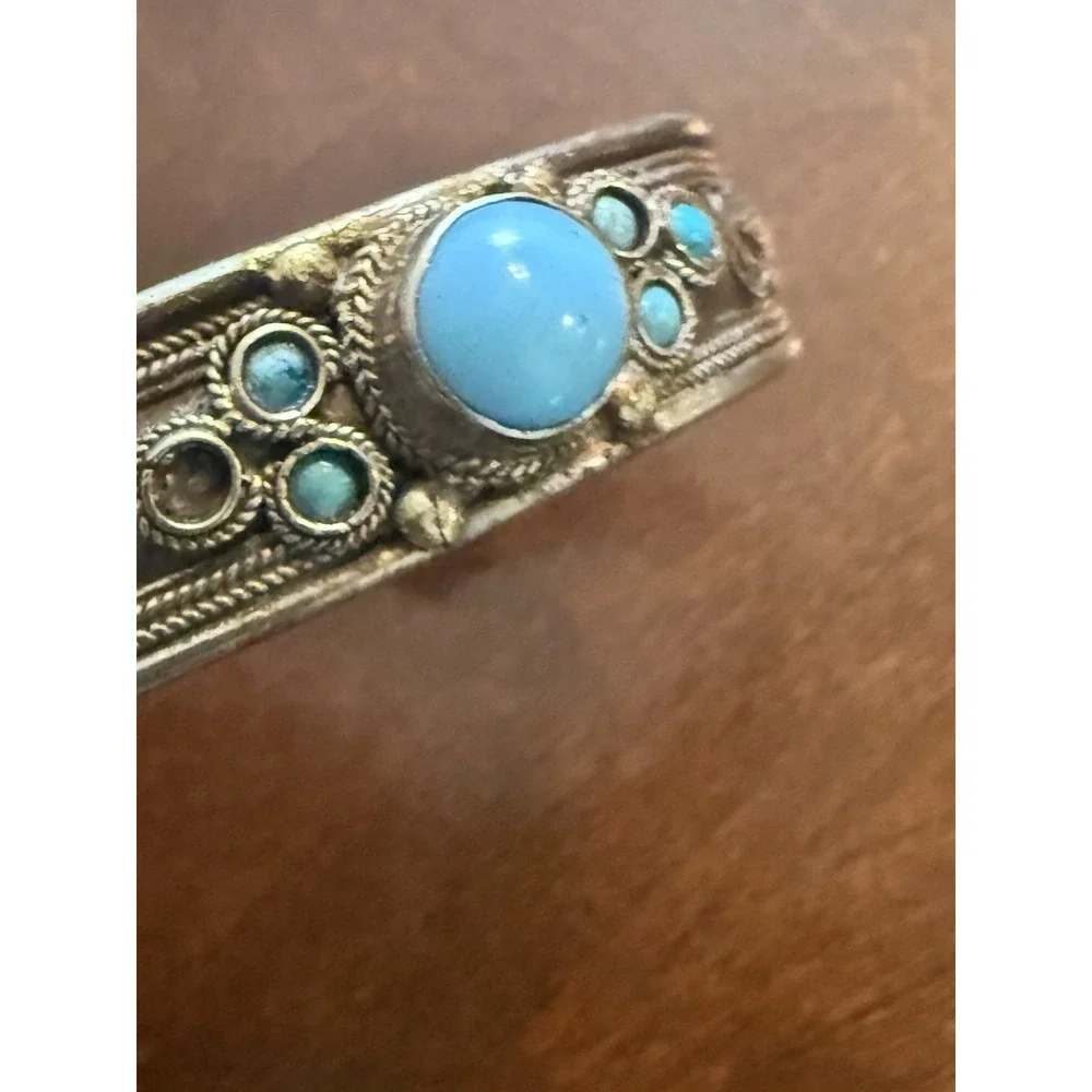 Bracelet Vtg Turquoise‎ Cuff Navajo Style Boho Tribal Engraved Blue Stones